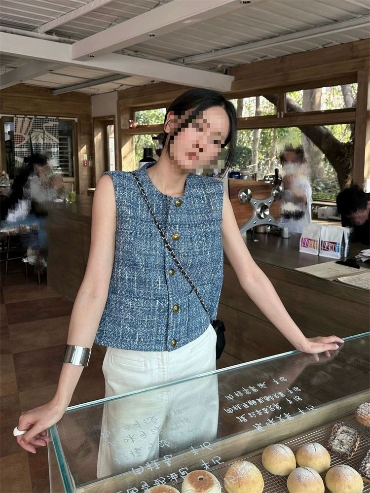 Blue Chanel-Style Vest Jacket Outerwear Summer New Petite Layered Round Neck French Top for Women