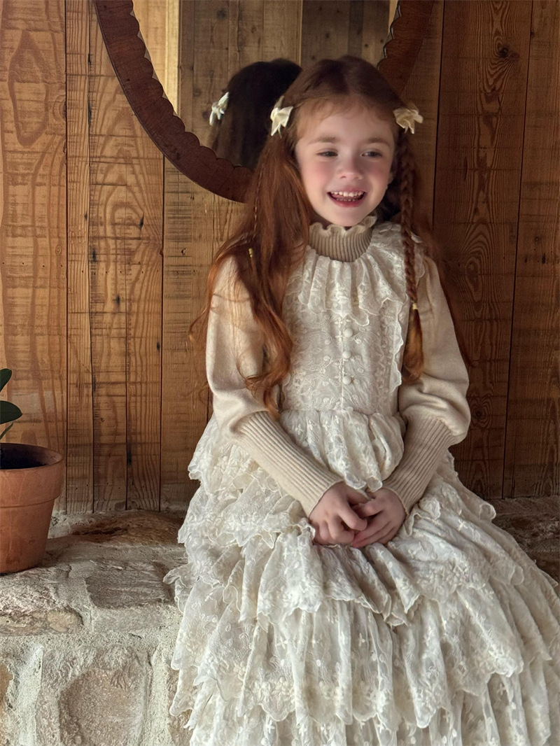 orange le 24 autumn and winter girls retro french velvet lace stitching cake dress girls heavy work retro vest dress