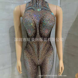 现货演出服女士优雅连身连衣裤钻石裸色优雅连身衣性感成熟女性