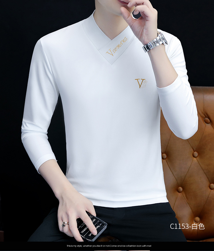2022秋季V领新款长袖男士T恤韩版男装打底衫休闲男式T恤上衣批发 pic 18