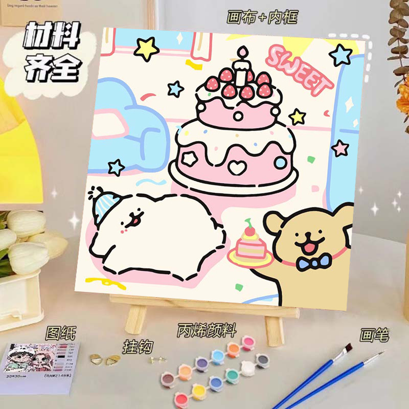 Pintura al óleo digital de bricolaje, dibujos animados para niños, pinturas para colorear hechas a mano, lindos puestos de animación curativos, comercio exterior transfronterizo