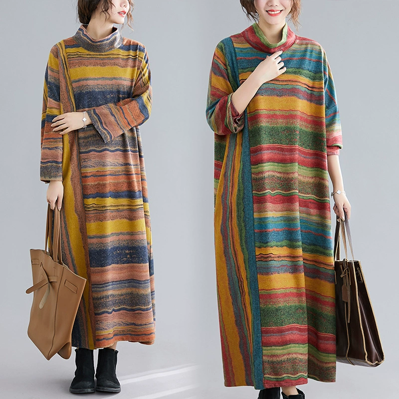 Настоящий выстрел 2023 осень новый модный темперамент Корейская версия свободного женского платья с длинным рукавом больших размеров с неправильной полоской