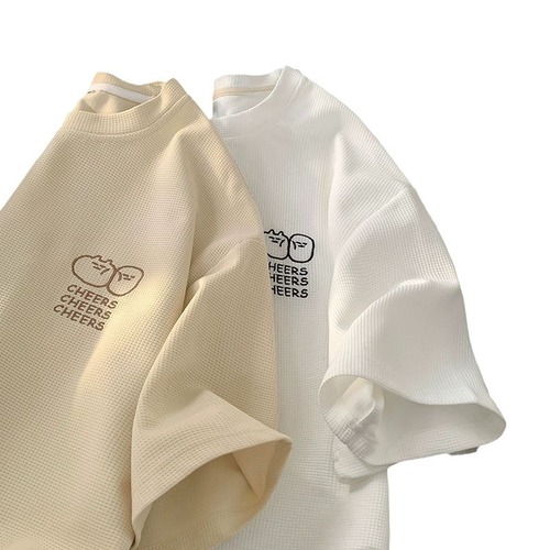 Wafflesilk Short Sleeve T-shirt for Men - Summer New Arrival Streetwear Printed Loose Half-Sleeve American Heavyweight T-shirt