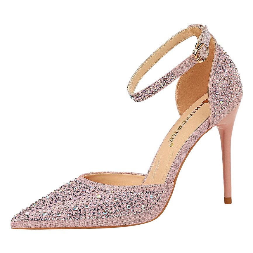 283-16 estilo coreano dulce tacón de aguja de tacón alto tacón bajo puntiagudo sandalias de las mujeres con diamantes de imitación brillante