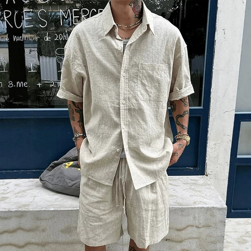 Men's casual suit, relaxed short-sleeved summer set, linen vintage style, shorts, thin shirt.