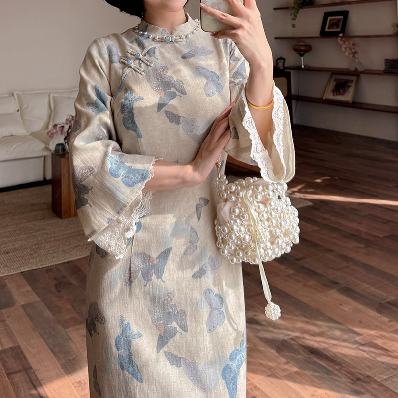 蝴蝶引-2025秋新款复古新中式蝴蝶印花改良旗袍裙子女气质连衣裙|undefined