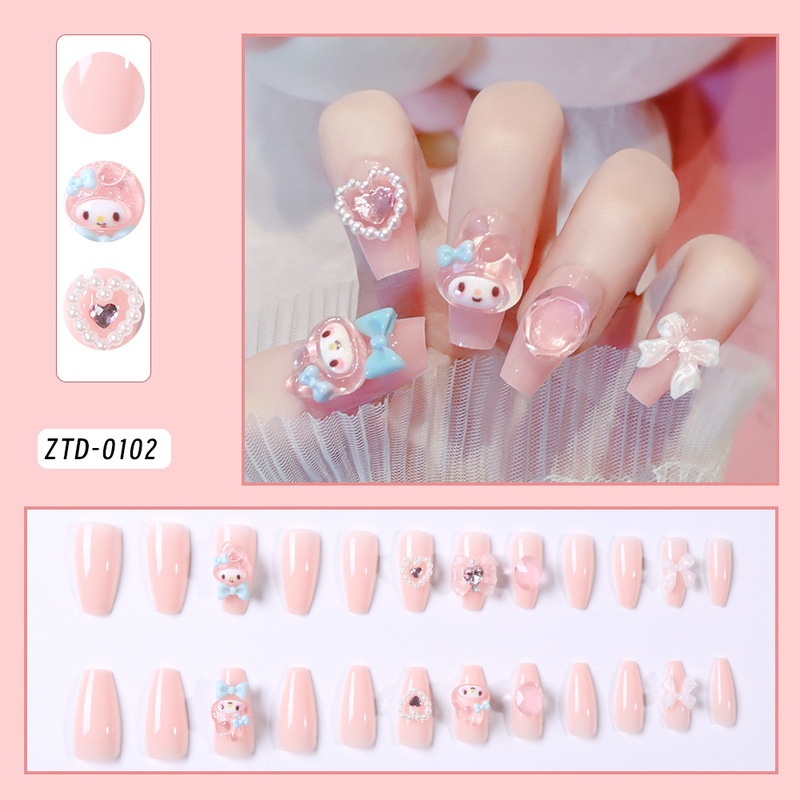 Cross-border pink cute melody T-shaped nail slices ice through love bow wear nail nail slices wholesale Nails