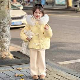 女小童棉服冬装新款儿童时髦韩版宽松羽绒棉加厚保暖毛领连帽外套