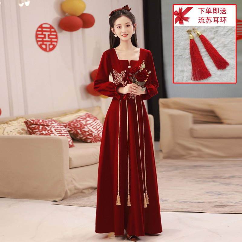 Long-Sleeved Toast Dress for the Bride, High-End 2025 New Style Burgundy Chinese-Style Engagement Dress with Embroidery for the Return Home Ceremony