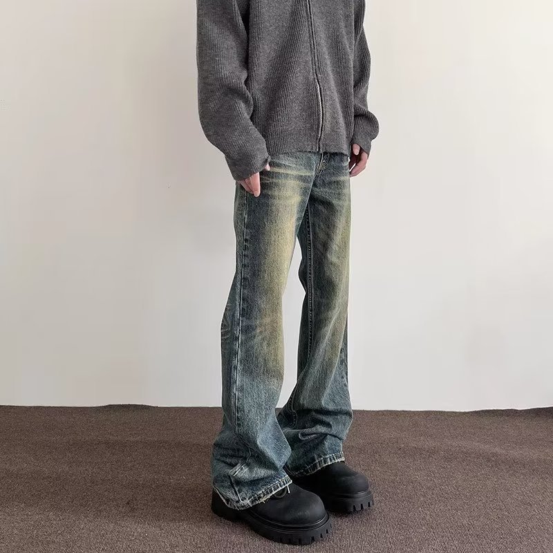 American High Street Vibe Retro Washed Old Jeans Men's Tide Straight Tube Slightly Thin Cleanfit Long Pants_mkmklike.com
