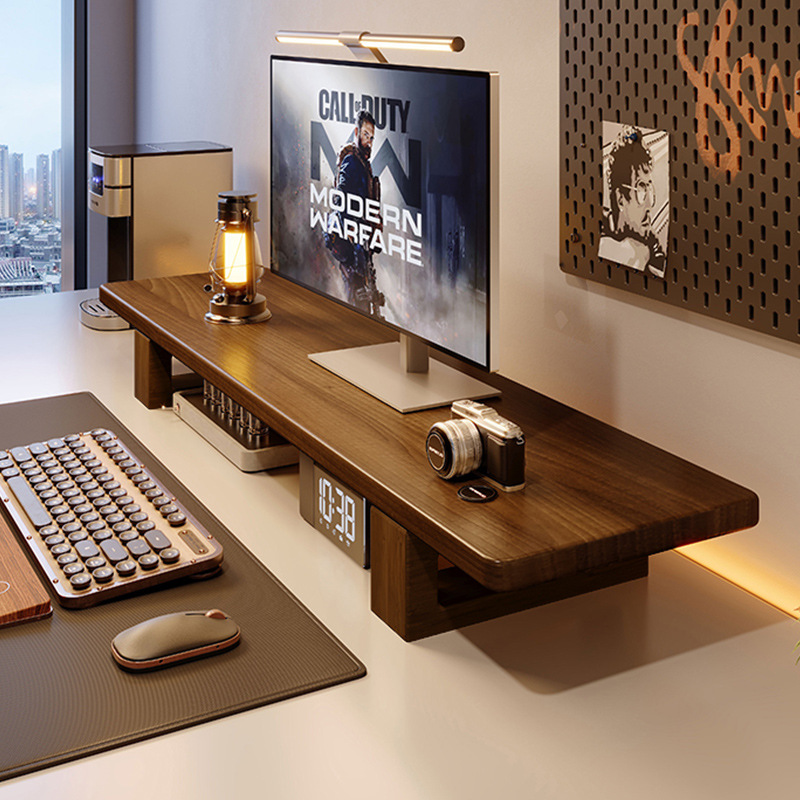 Monitoreo de madera sólida de color nuez elevando el marco de escritorio de computadora de escritorio estante de almacenamiento de escritorio de oficina estante de almacenamiento alto