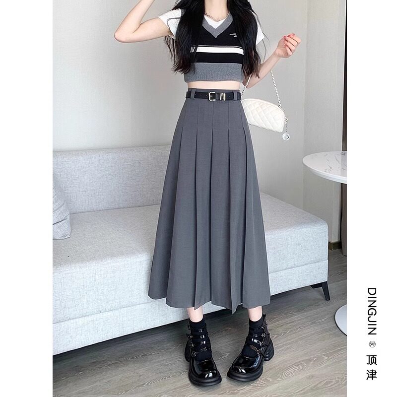 Chân váy vest nữ cạp cao dáng chữ A xếp ly dài vừa — Màu xám, Màu đen