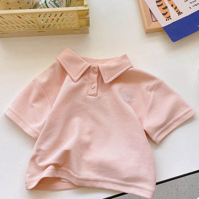 Boys' and girls' summer short-sleeved T-shirts, stylish and trendy Korean style heart-embroidered polo shirts