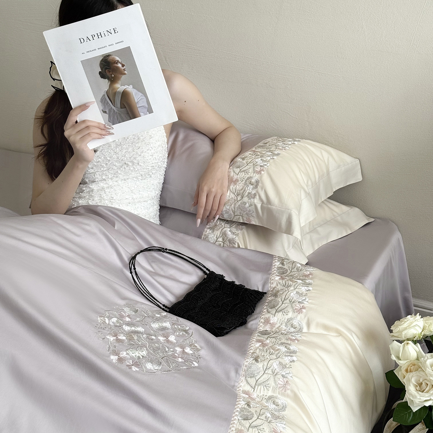 ¡Flor Shadow Shake! 100S algodón largo cuatro piezas de algodón bordado cubierta de edredón de algodón cuadrangular cubierta de almohada cuatro estaciones desnuda para dormir