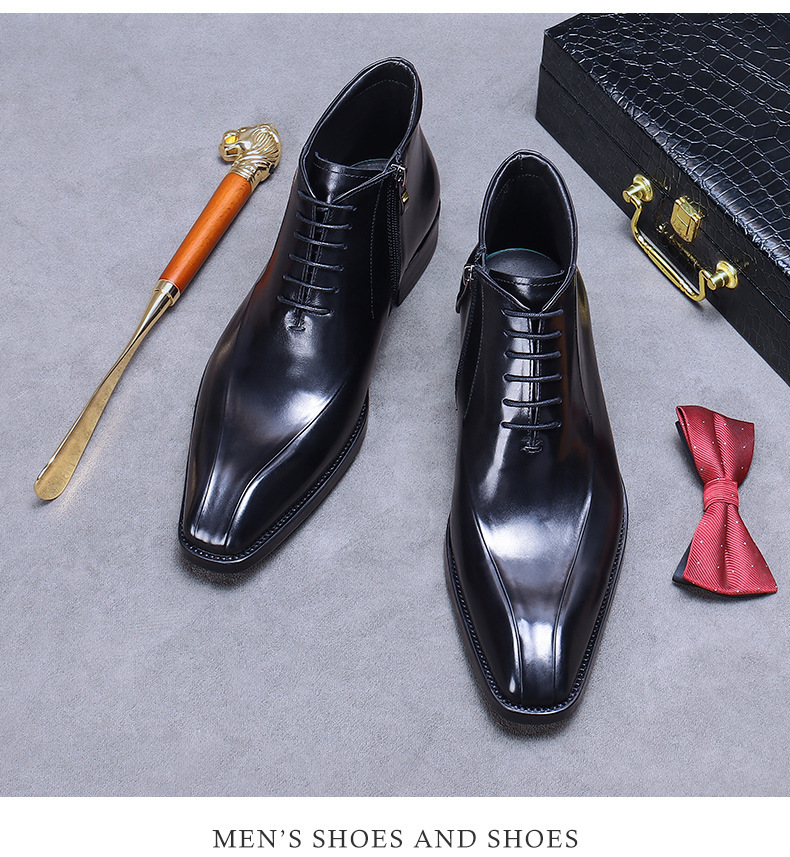 Kožené boty Velkoobchodní továrna Britské martinské boty Pravá kůže Módní společenské boty Špičatá špička Zip Vysoké kožené boty Kotníkové boty_voghion.com