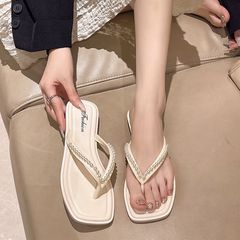 夏季海邊沙灘人字拖女拖鞋外穿仙女百搭珍珠拖鞋方頭鞋防滑人字拖