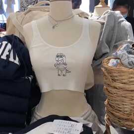 BM风 蕾丝花边U型领恐龙天使印花背心bm棉内搭螺纹修身吊带上衣女