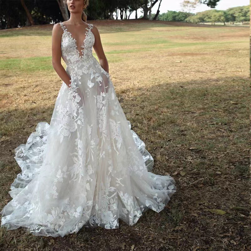 European and American Foreign Trade Women's Dress Lace Bridal Wedding Dress Amazon Sexy Pure White Sling Bridesmaid Dress