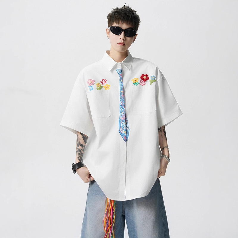 American Hand-Painted Graffiti Shirt Men's Summer Niche Trendy Brand Design Short-Sleeved Shirt Preppy Style Floral Top