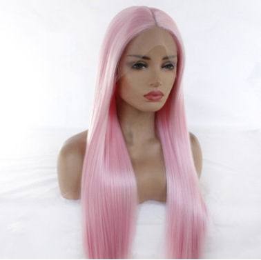 Moda europea y americana damas blanco rosa largo pelo recto fibra química frente encaje mitad mano tejida cubierta de cabeza LW0031