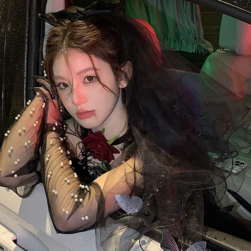 Elf de la bruja oscura Halloween disfraz de fantasma de la novia velos de cabeza arco negro tocado extraño vestido de cabello mujer