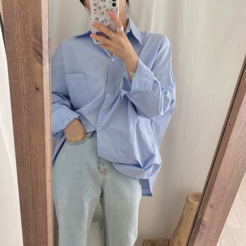 Women's Collared Shirt 2025 Early Autumn Fashion Trendy Versatile Loose Korean Style Outerwear Long-Sleeve Blue Collared Shirt Top