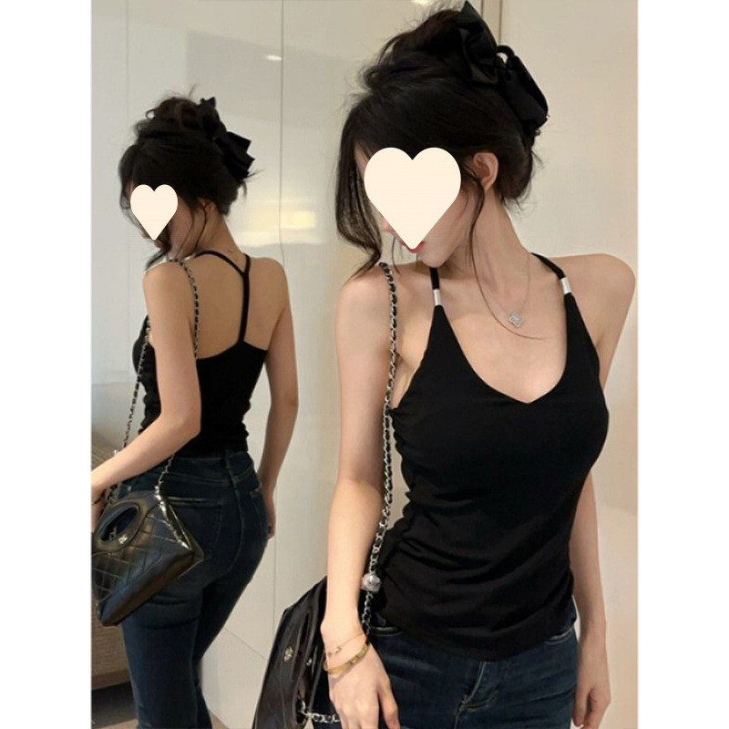 【210克40支精棉1*1】美式黑v领挂脖吊带背心女外穿夏季辣妹上衣|undefined
