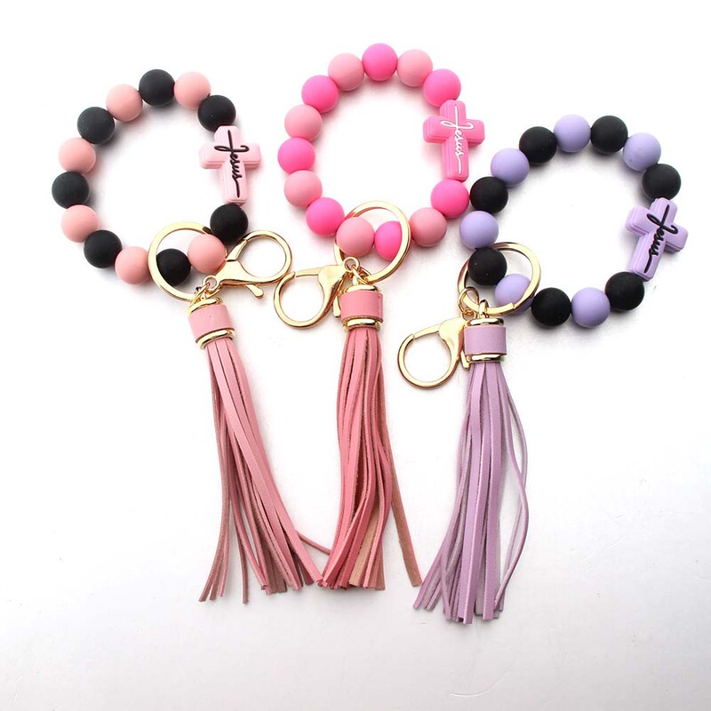 Cross-Border Hot Selling Silicone Beads Solid Color Cross Bracelet Women's Handmade Tassel Bracelet Key Bracelet Bag Pendant