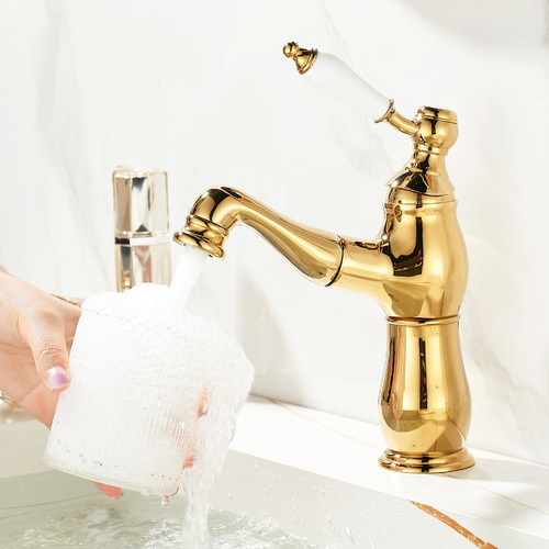 French retro pull-out faucet full copper basin wash faucet bathroom gold ceramic handle hot and cold water head