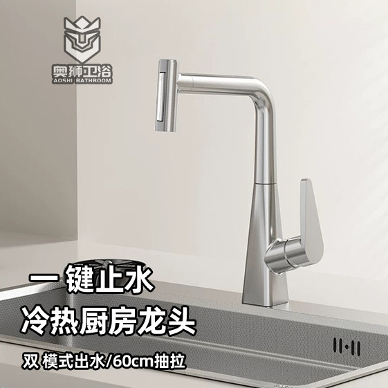 Internet-Famous Hot-Selling One-Touch Water-Stop Pull-Out Kitchen Faucet Copper Sink Basin Hot and Cold Faucet