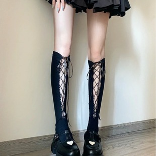 Black mid-calf cute Lolita socks Japanese style slimming lace-up hollow-out preppy style over-the-knee calf socks for women Summer