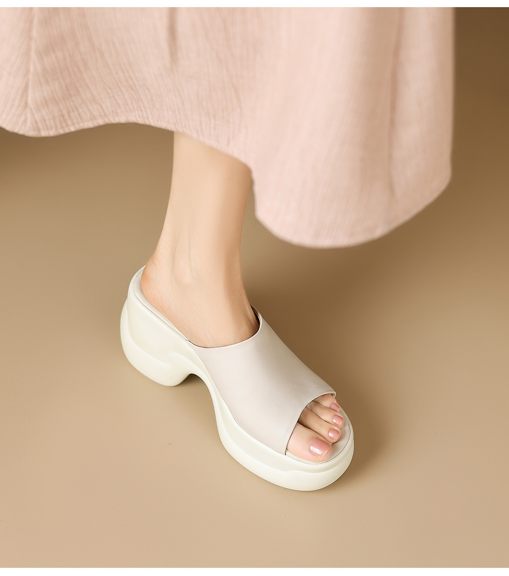 Sandal cao gót nữ đế dày 8,5 cm quai ngang da bò — Da bò trắng gạo chi tiết 13