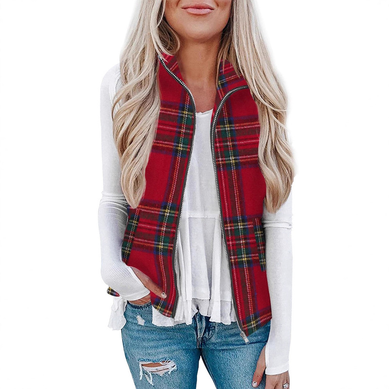 2025 European and American Cross-Border Autumn and Winter Women's Plaid Jacket Vest Top Zipper Collared Sleeveless Jacket