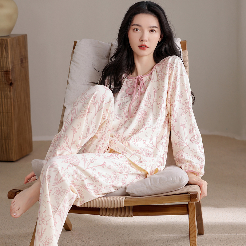 Pure Cotton Pajamas for Women Spring and Autum 2025 New Style Can Be Worn Outside Round Neck Long Sleeves Simple Style Home Wear Set