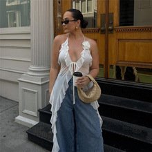 欧美跨境2024春季时尚潮流女装新款挂脖露背绑带纱网修身小背心