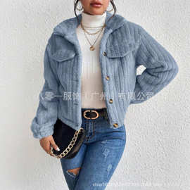 跨境速卖通秋冬毛绒夹克翻领加绒保暖时尚短装加厚女装休闲风外套