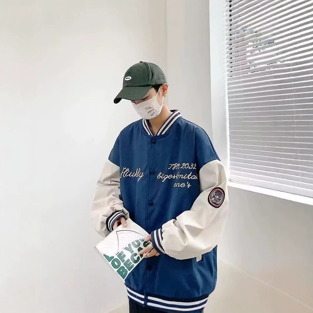 American-style baseball jacket for couples, men's spring and autumn style, color blocking, trendy loose casual jacket, retro loose casual style.