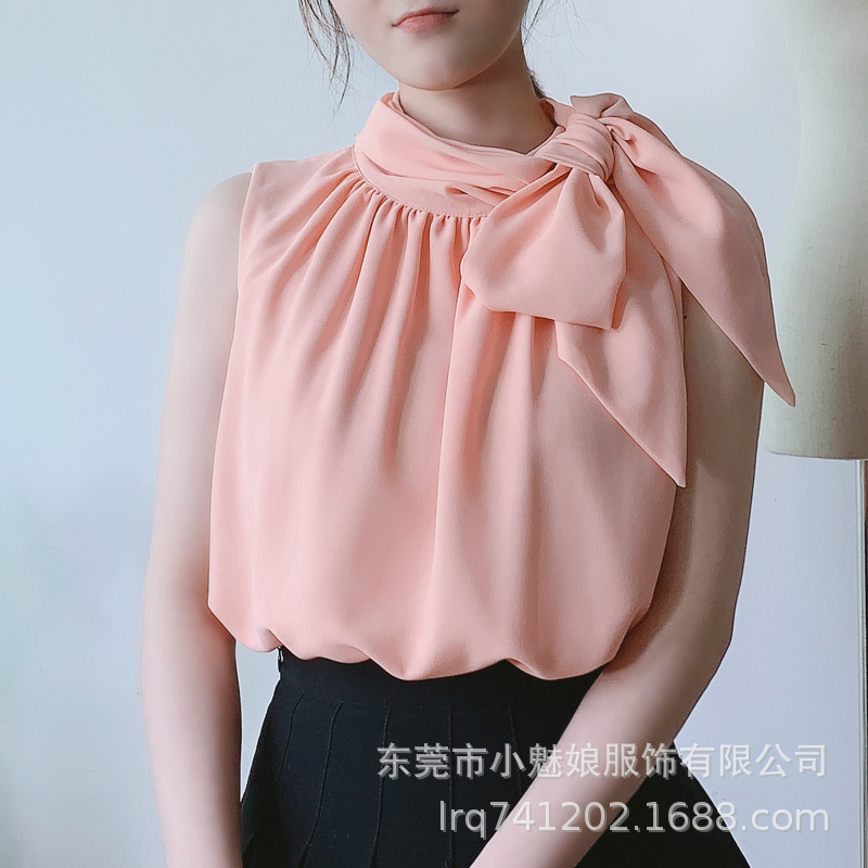 Little Charm Women's Women's Sleeveless Ribbon Chiffon Shirt Women's New Arrival Bow Half-high Collar Shirt Design French Top