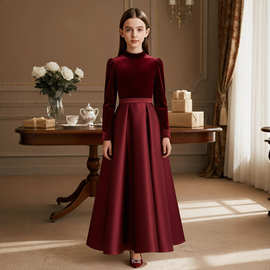 女童礼服高端秋冬酒红色丝绒缎面生日公主裙儿童钢琴小提琴演出服