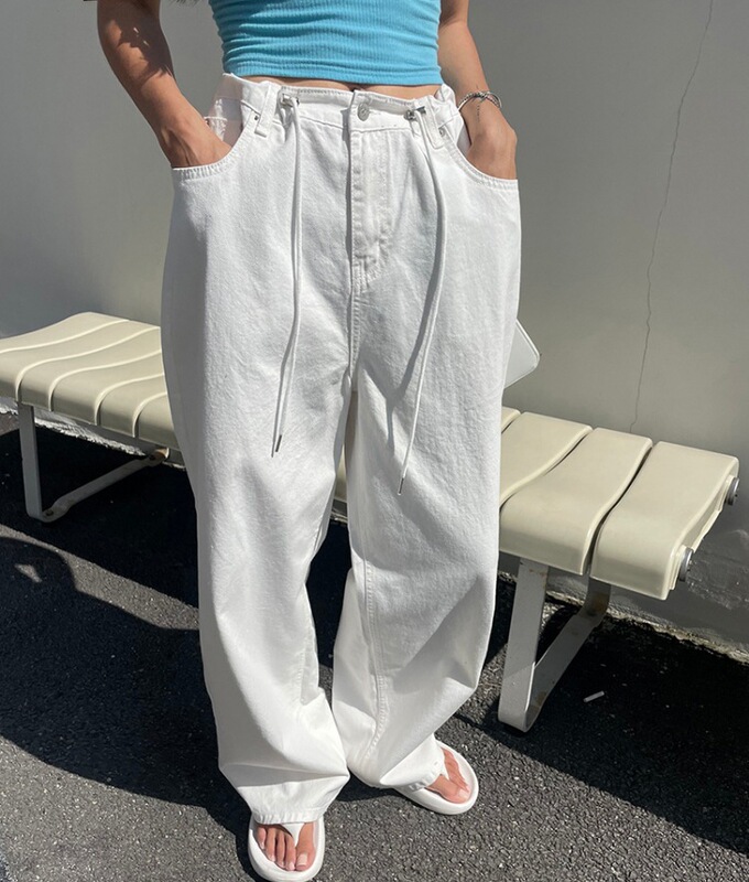 Retro high waist drawstring Adjustable net version loose slimming wide leg trousers women's straight mop jeans 2 colors