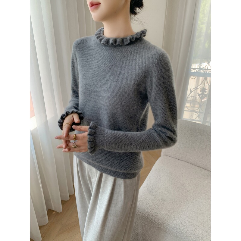 Gentle Ruffled Cashmere Sweater for Women with Lace, Half-High Collar, Slimming, Warm, Knitted Base Layer