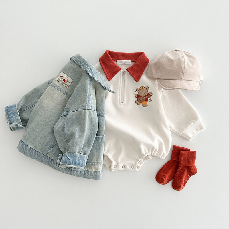 Ropa Infantil de Otoño Estilo Coreano, Mono de Manga Larga con Bordado de Oso y Solapa de Algodón para Niños y Niñas