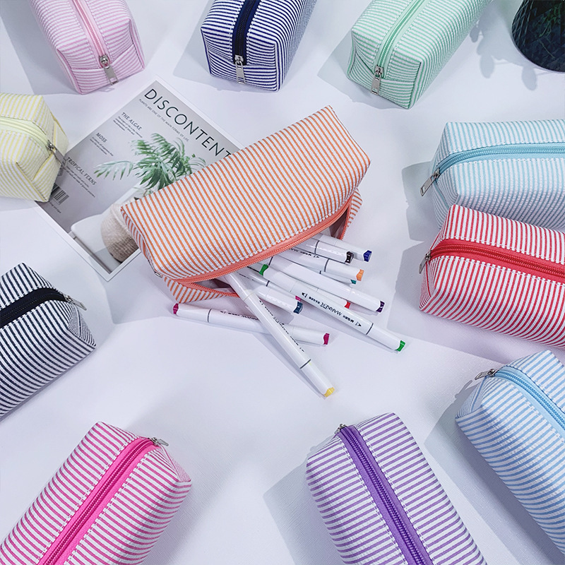 Cross-Border Hot-Selling Bubble Gauze Pencil Case, Large-Capacity Stationery Bag, Embroidered Striped Travel and Study Supplies Storage Bag