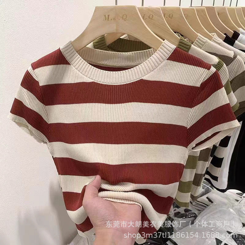 2025新款修身欧货冰丝条纹针织衫女短袖夏季显瘦辣妹短款打底上衣