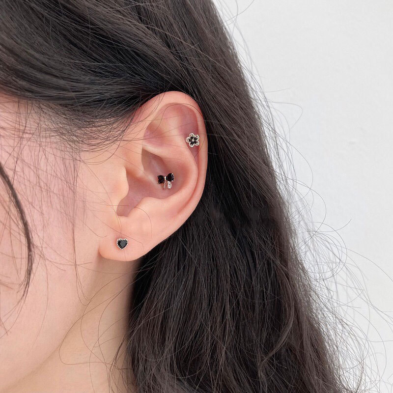 S Argento puro coreano osso auricolare nero bianco zircone fiocco nodo semplice vite ritorta chiodo cocleare piccoli e squisiti orecchini_voghion.com