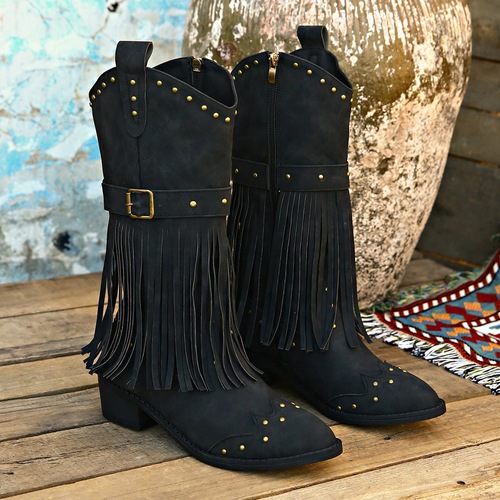 Women Tassel Boots, Knight Boots, Mid-Calf Boots, Large Women's 42