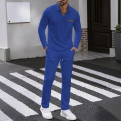 亚马逊2025跨境外贸新款华夫格男士纯色休闲套装翻领口袋长袖长裤