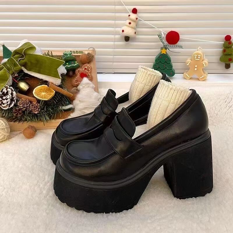 All-Match Thick Bottom Black Leather Shoes Women's High Heels French Retro JK Loafers Fashionable Autumn and Winter High Heel New All-Match Thick Bottom Black Leather Shoes Women's High Heels French Retro JK Loafers Fashionable Autumn and Winter High Heel New