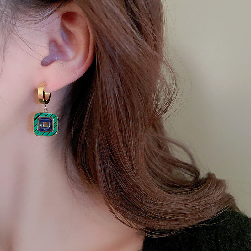 Fashion Round Square Titanium Steel Plating Drop Earrings 1 Pair