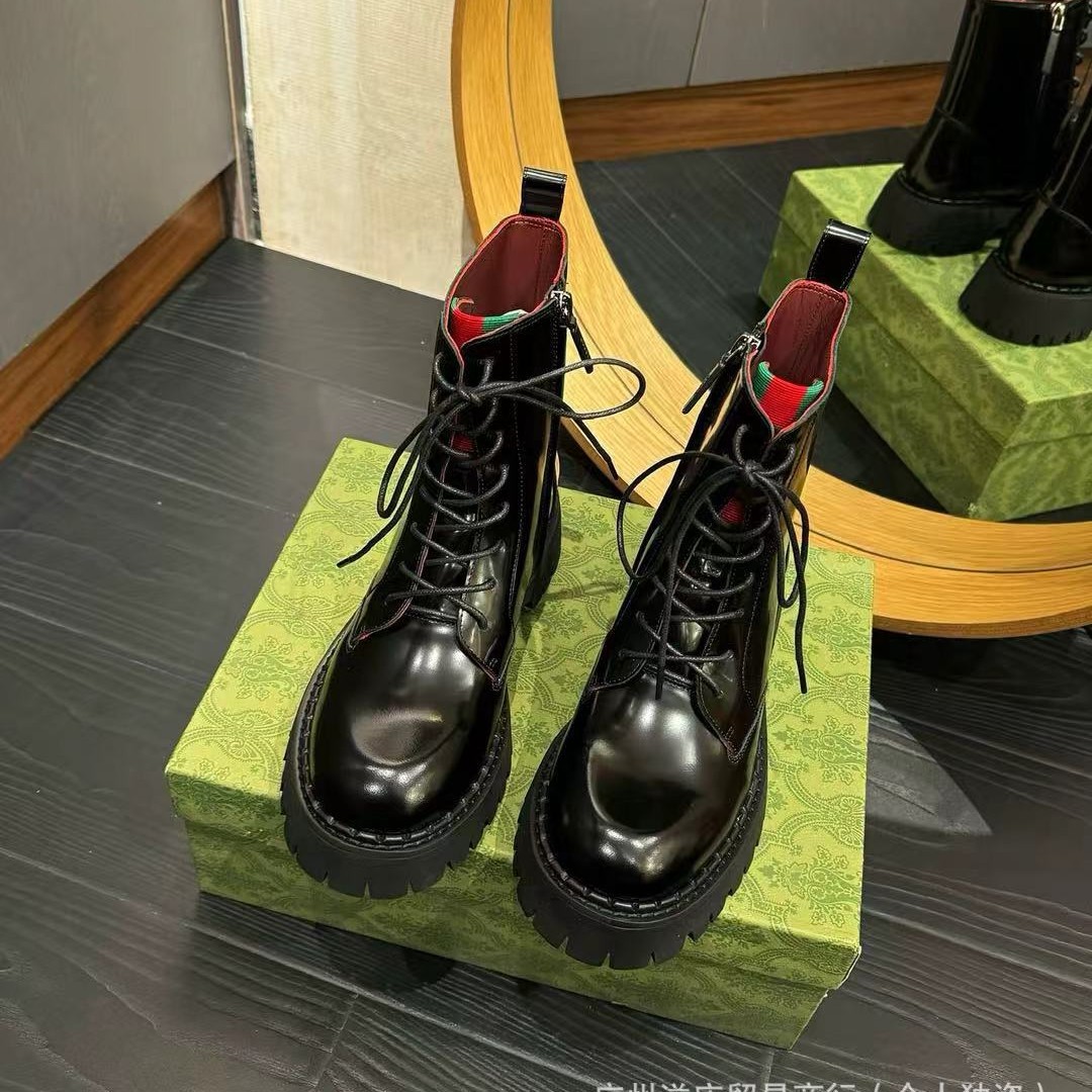 高版G家厚底裸靴切尔西2024秋冬新款圆头织带测拉链系带烟管短靴